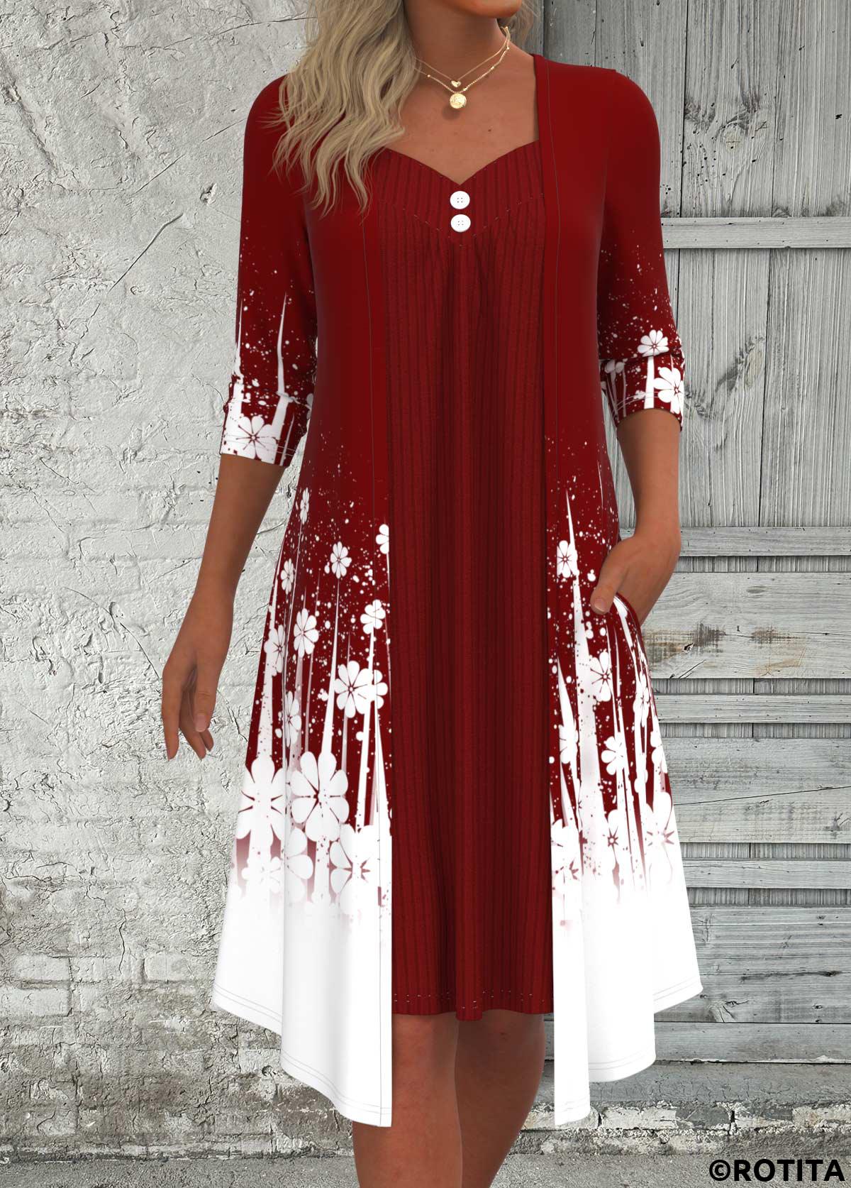 Wine Red dresses,White dresses,Floral dresses,Plants dresses,Dot dresses,Ombre dresses,Everyday dresses,Casual dresses,ROTITA Fake 2in1 Floral Print Wine Red A Line Dress
