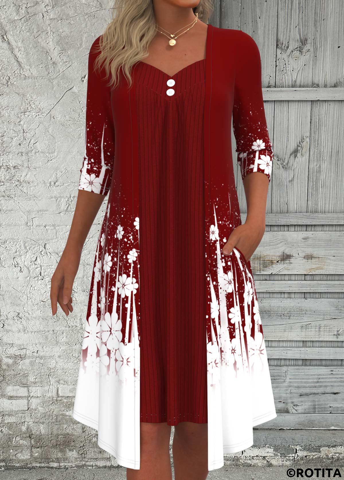 Wine Red dresses,White dresses,Floral dresses,Plants dresses,Dot dresses,Ombre dresses,Everyday dresses,Casual dresses,ROTITA Fake 2in1 Floral Print Wine Red A Line Dress