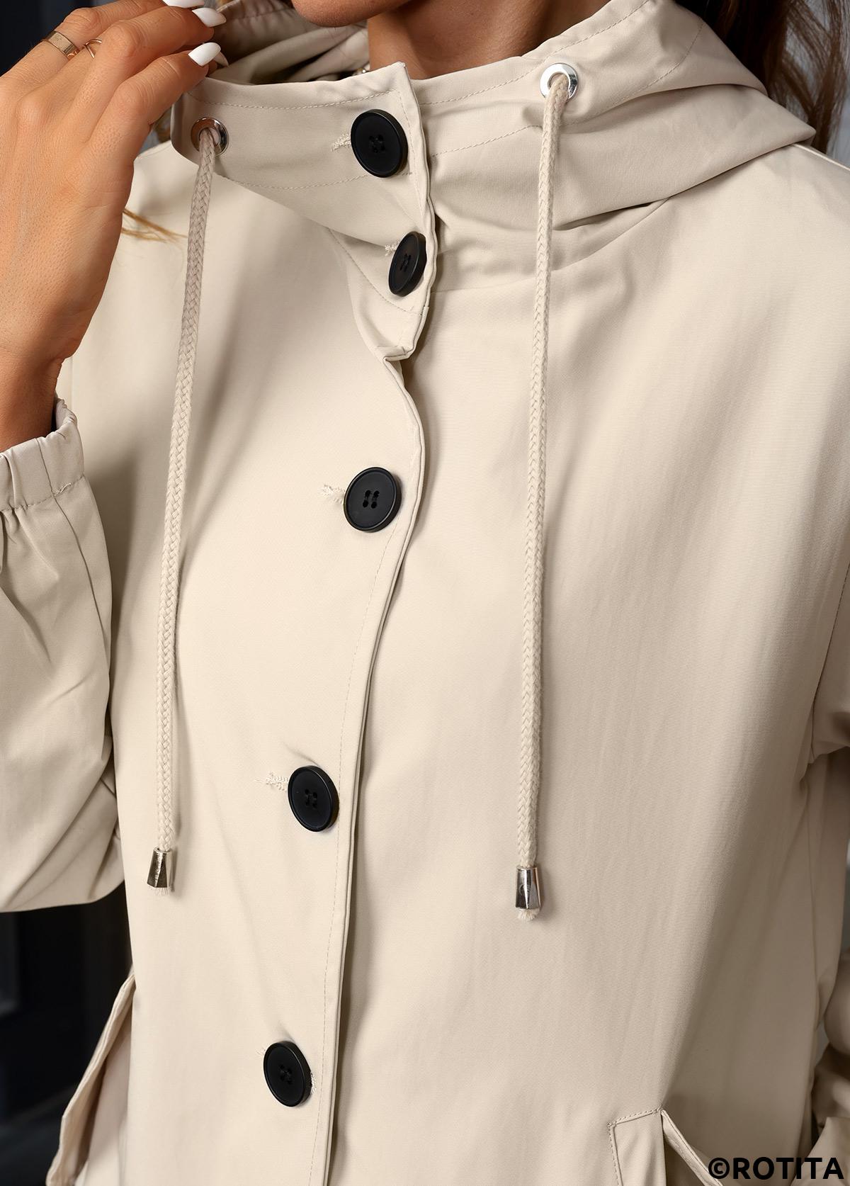 Beige tops,Plain Color tops,Drawstring Beige Hooded Long Sleeve Trench Coat