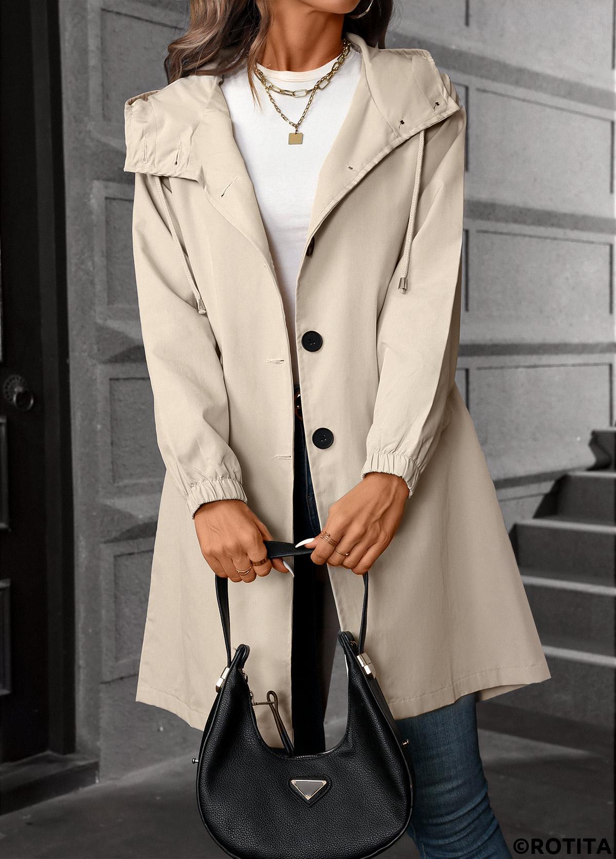 Beige tops,Plain Color tops,Drawstring Beige Hooded Long Sleeve Trench Coat