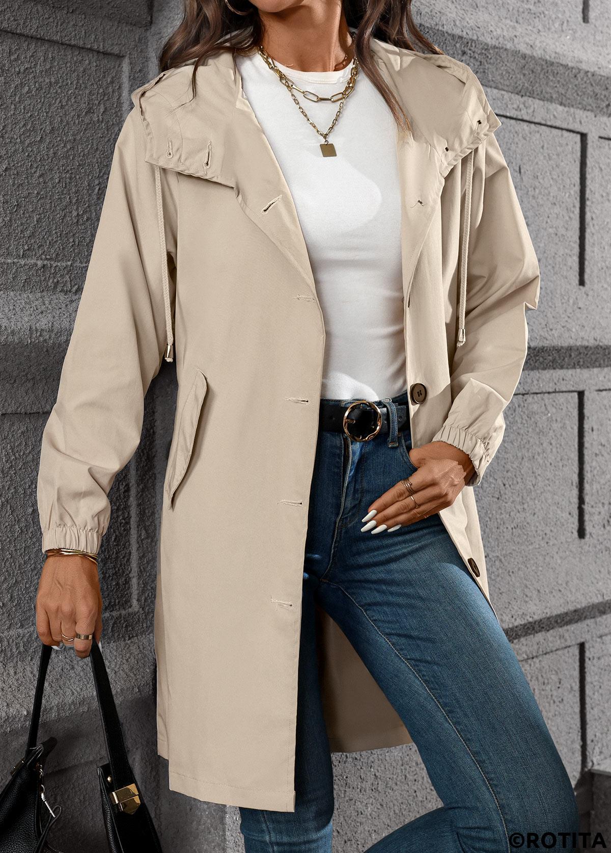 Beige tops,Plain Color tops,Drawstring Beige Hooded Long Sleeve Trench Coat
