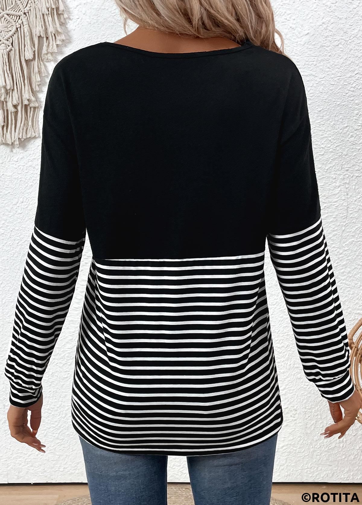 T-shirt noir à col en V et rayures croisées Rotita
