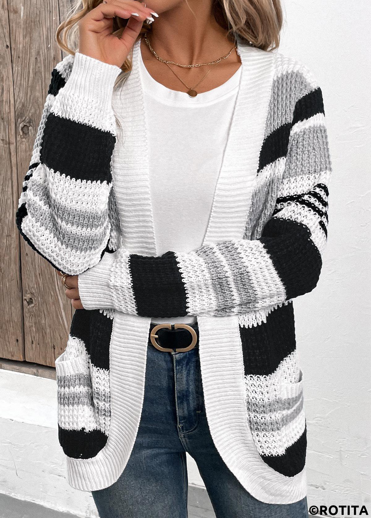Black tops,Contrast Color tops,Patchwork Black Long Sleeve Pocket Cardigan