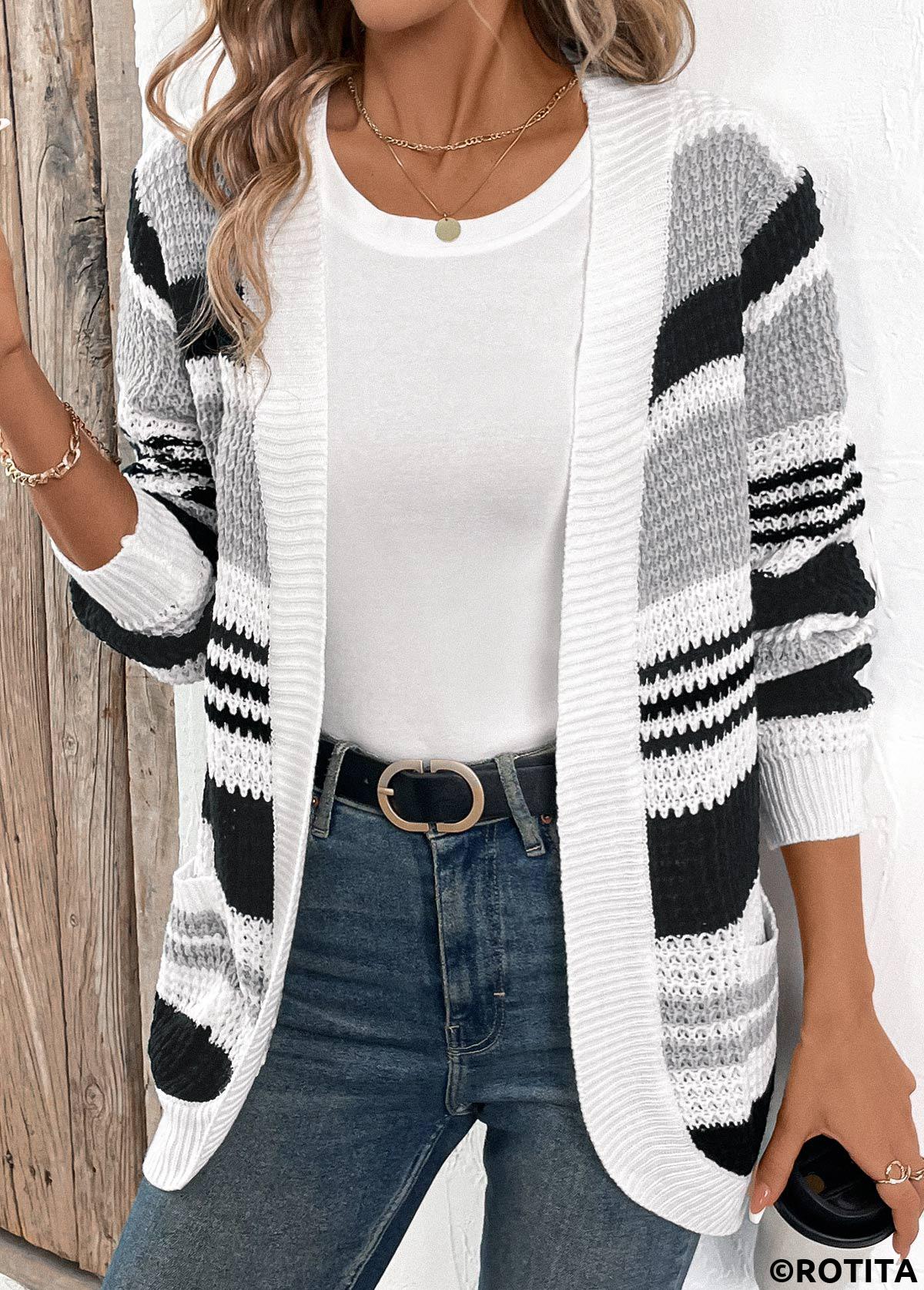 Black tops,Contrast Color tops,Patchwork Black Long Sleeve Pocket Cardigan