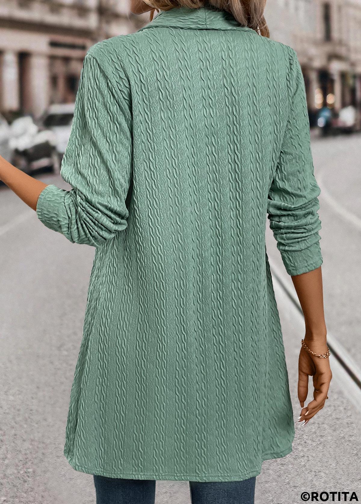 Green tops,Plain Color tops,ROTITA Jacquard Green Long Sleeve Light Cardigan