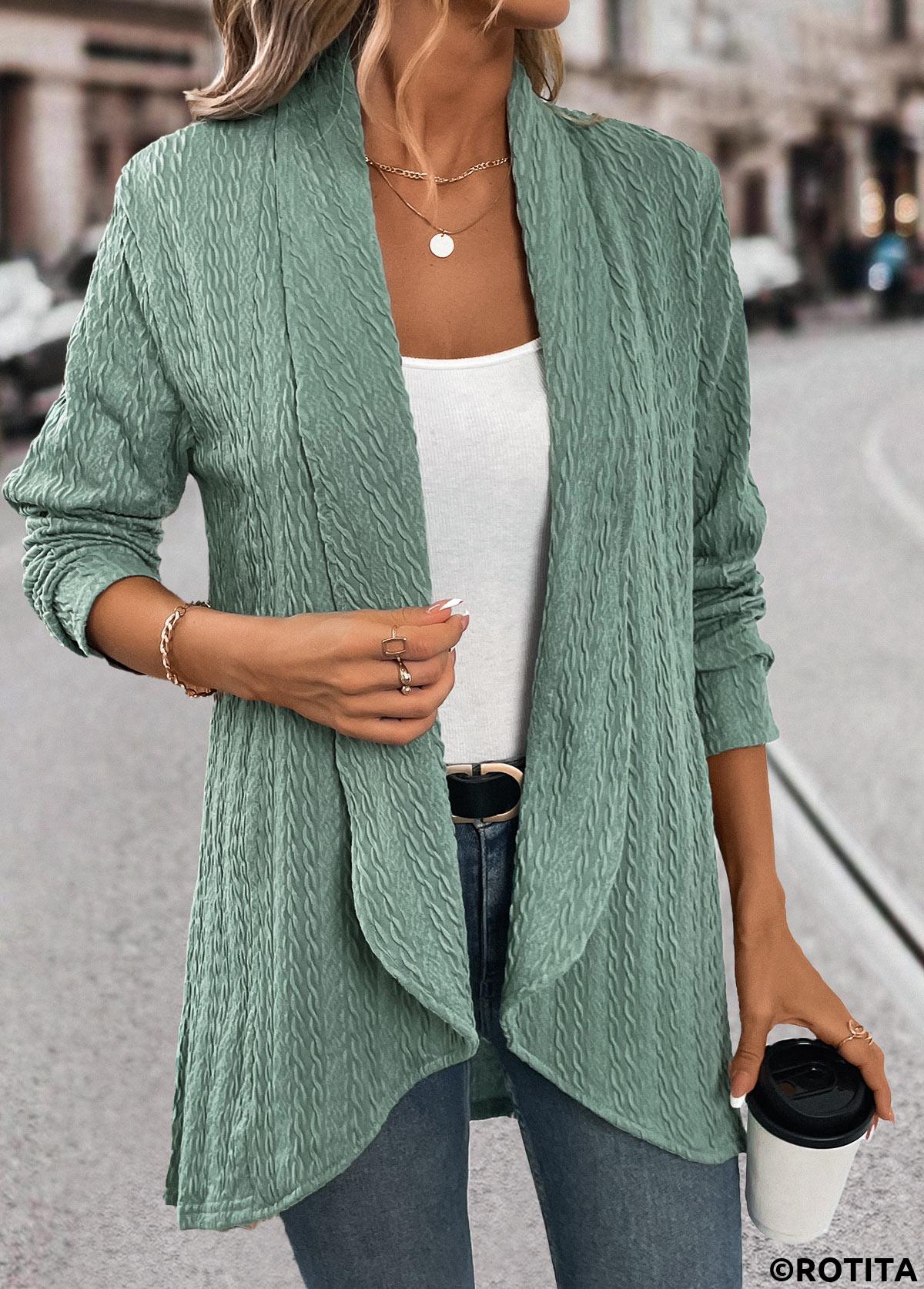 Green tops,Plain Color tops,ROTITA Jacquard Green Long Sleeve Light Cardigan