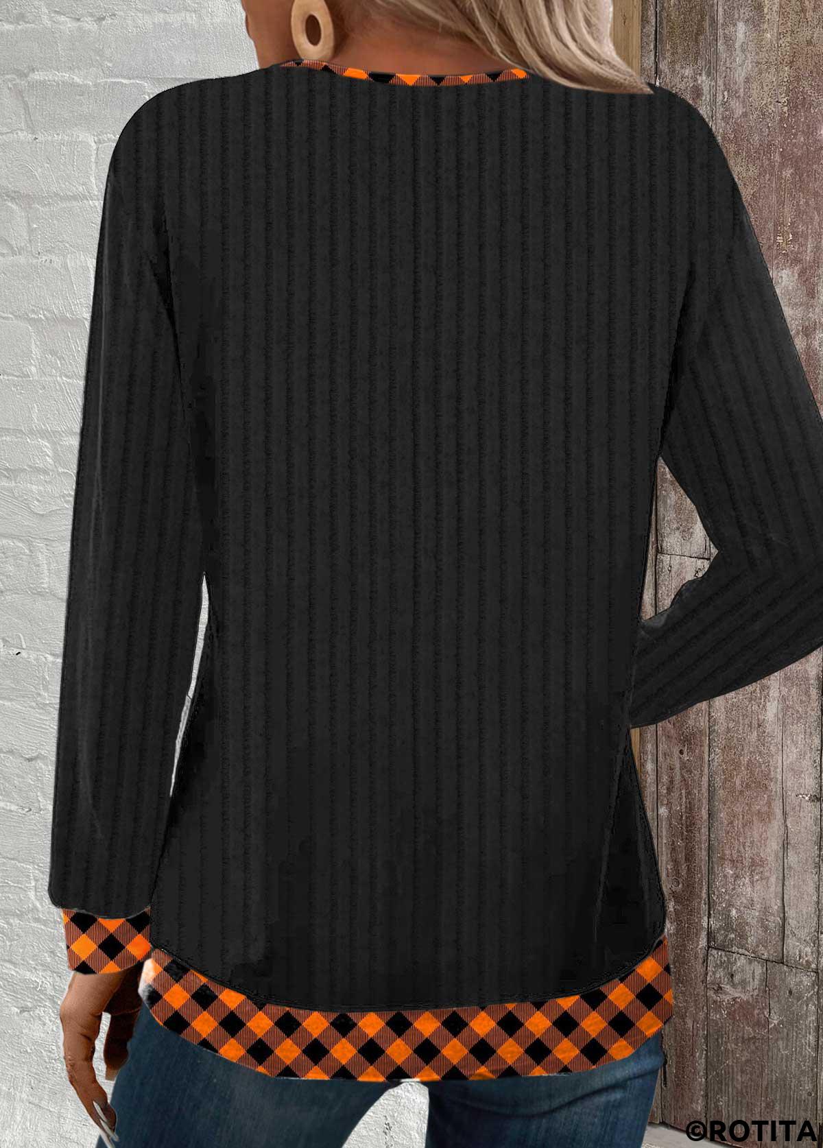 sweat-shirt à manches longues et col en V noir à carreaux patchwork rotita