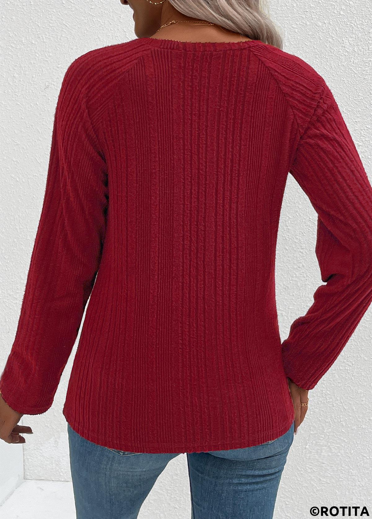 t-shirt à manches longues et col rond avec boutons Rotita rouge vin