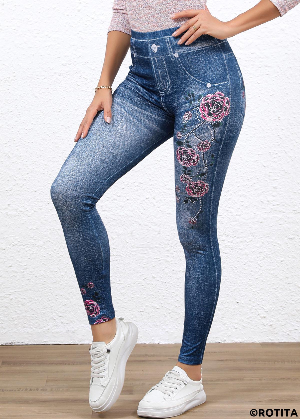 Denim Blue bottoms,Floral bottoms,Denim-Effect Print bottoms,Denim-effect Print Denim Blue High Waisted Elastic Waist Leggings