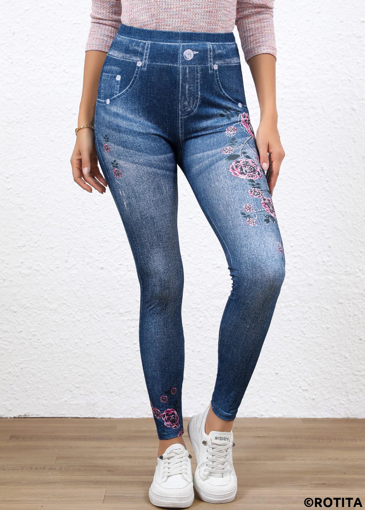 Denim Blue bottoms,Floral bottoms,Denim-Effect Print bottoms,Denim-effect Print Denim Blue High Waisted Elastic Waist Leggings