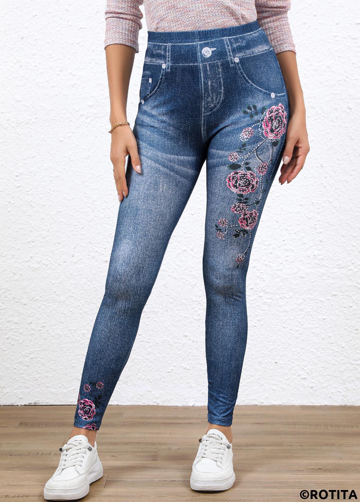 Denim Blue bottoms,Floral bottoms,Denim-Effect Print bottoms,Denim-effect Print Denim Blue High Waisted Elastic Waist Leggings