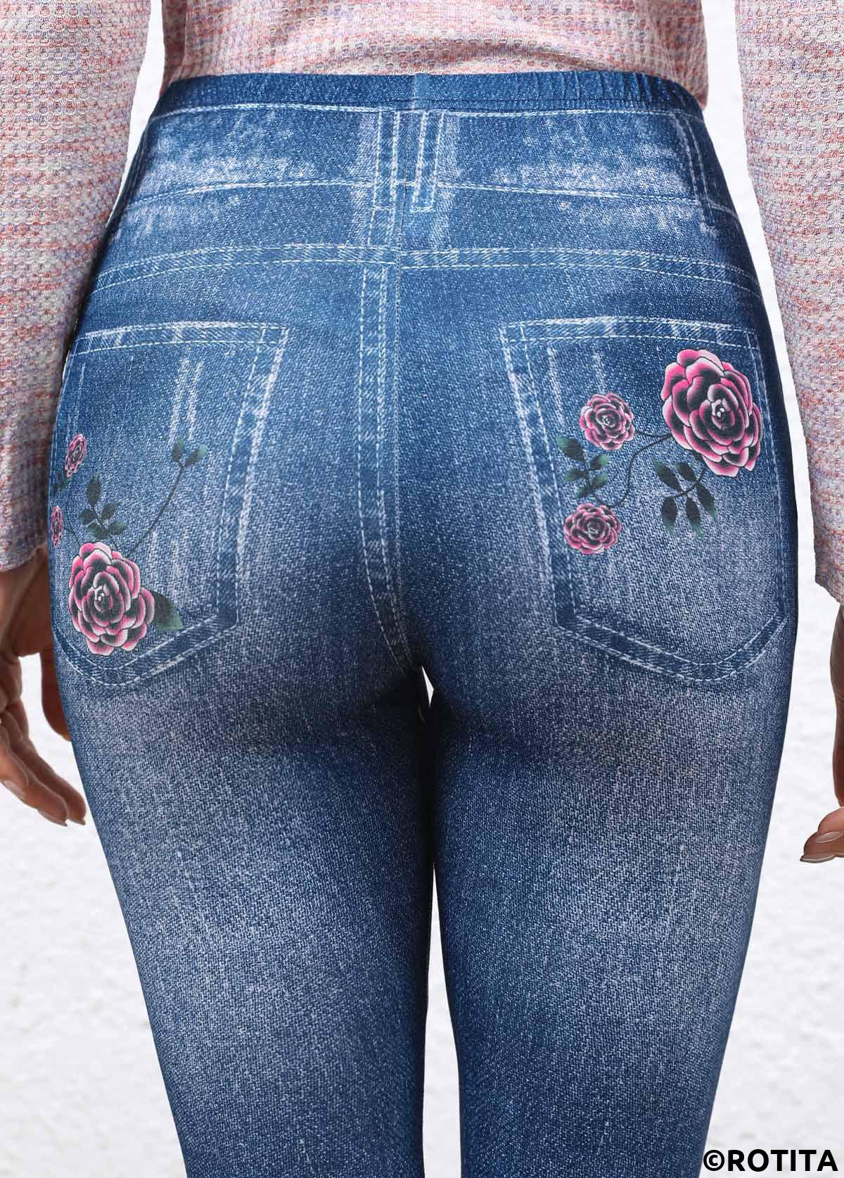 Denim Blue bottoms,Floral bottoms,Denim-Effect Print bottoms,Denim-effect Print Denim Blue High Waisted Elastic Waist Leggings