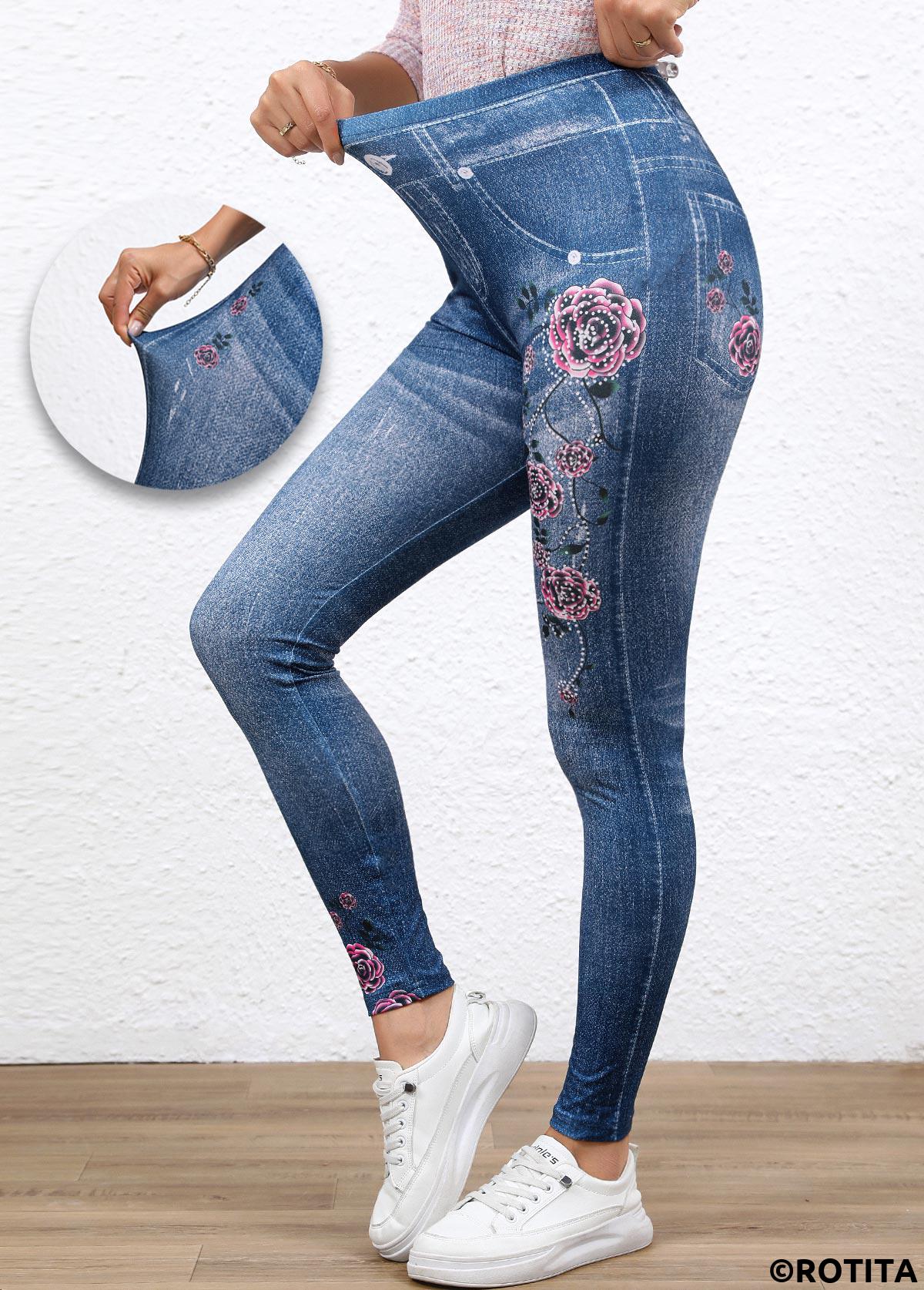 Denim Blue bottoms,Floral bottoms,Denim-Effect Print bottoms,Denim-effect Print Denim Blue High Waisted Elastic Waist Leggings