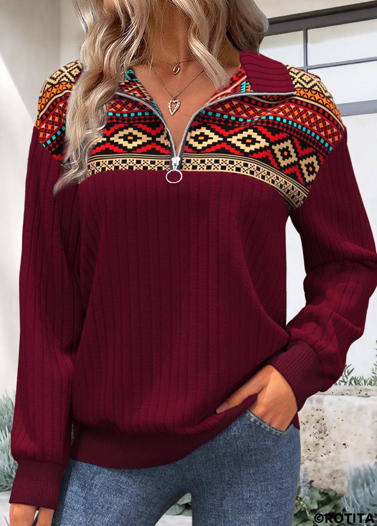 Deep Red tops,Tribal tops,ROTITA Zipper Tribal Print Deep Red Turn Down Collar Sweatshirt
