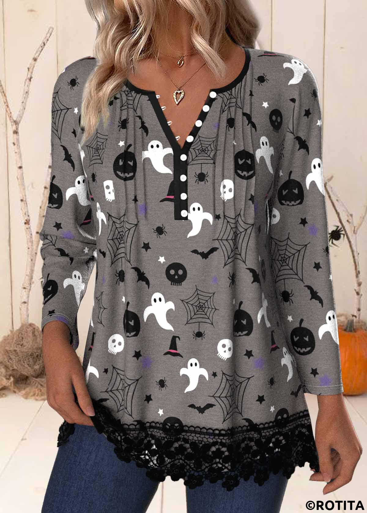 Dark Grey tops,Halloween tops,Animal Print tops,ROTITA Halloween Patchwork Dark Grey Split Neck Long Sleeve Shirt