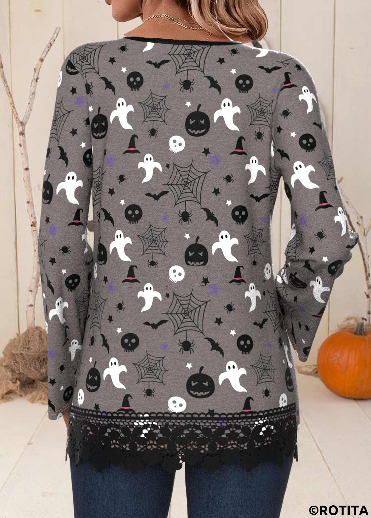 Dark Grey tops,Halloween tops,Animal Print tops,ROTITA Halloween Patchwork Dark Grey Split Neck Long Sleeve Shirt
