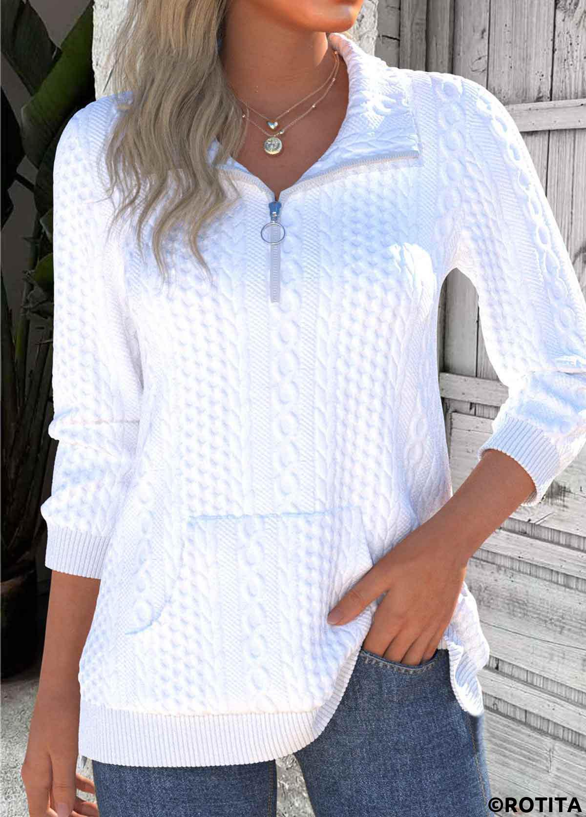 White tops,Plain Color tops,ROTITA Textured Fabric White Turn Down Collar Long Sleeve Sweatshirt