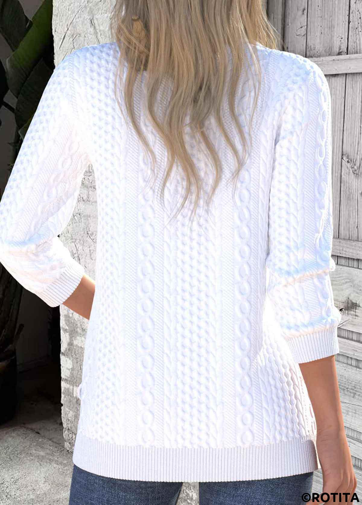 White tops,Plain Color tops,ROTITA Textured Fabric White Turn Down Collar Long Sleeve Sweatshirt