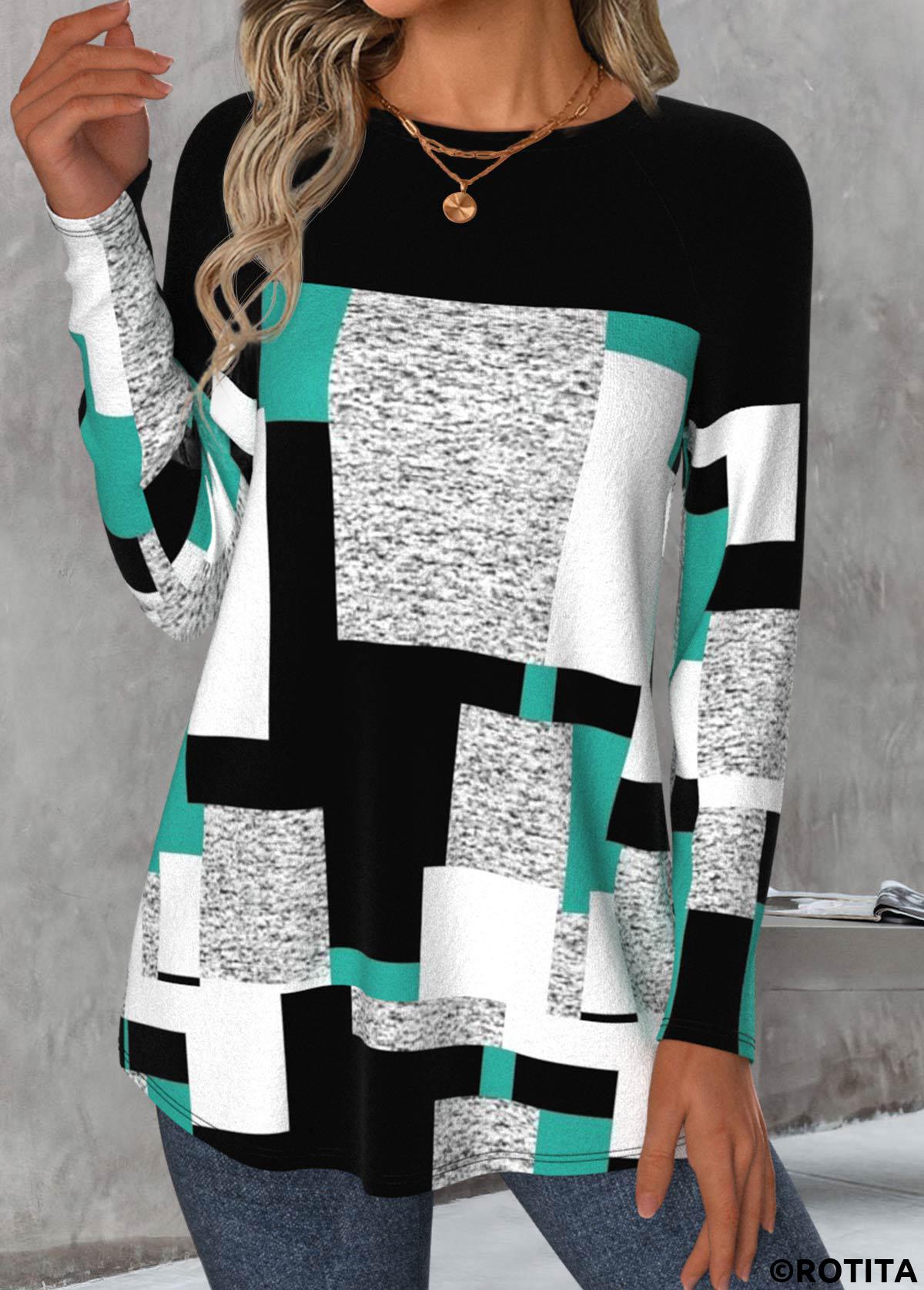 Multi Color tops,Geometric tops,ROTITA Patchwork Geometric Print Multi Color Round Neck T Shirt