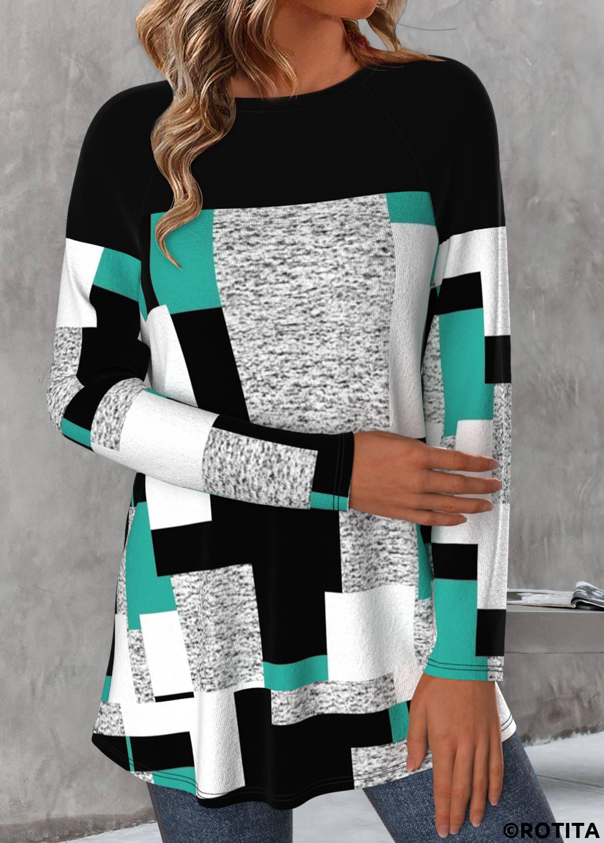 Multi Color tops,Geometric tops,ROTITA Patchwork Geometric Print Multi Color Round Neck T Shirt