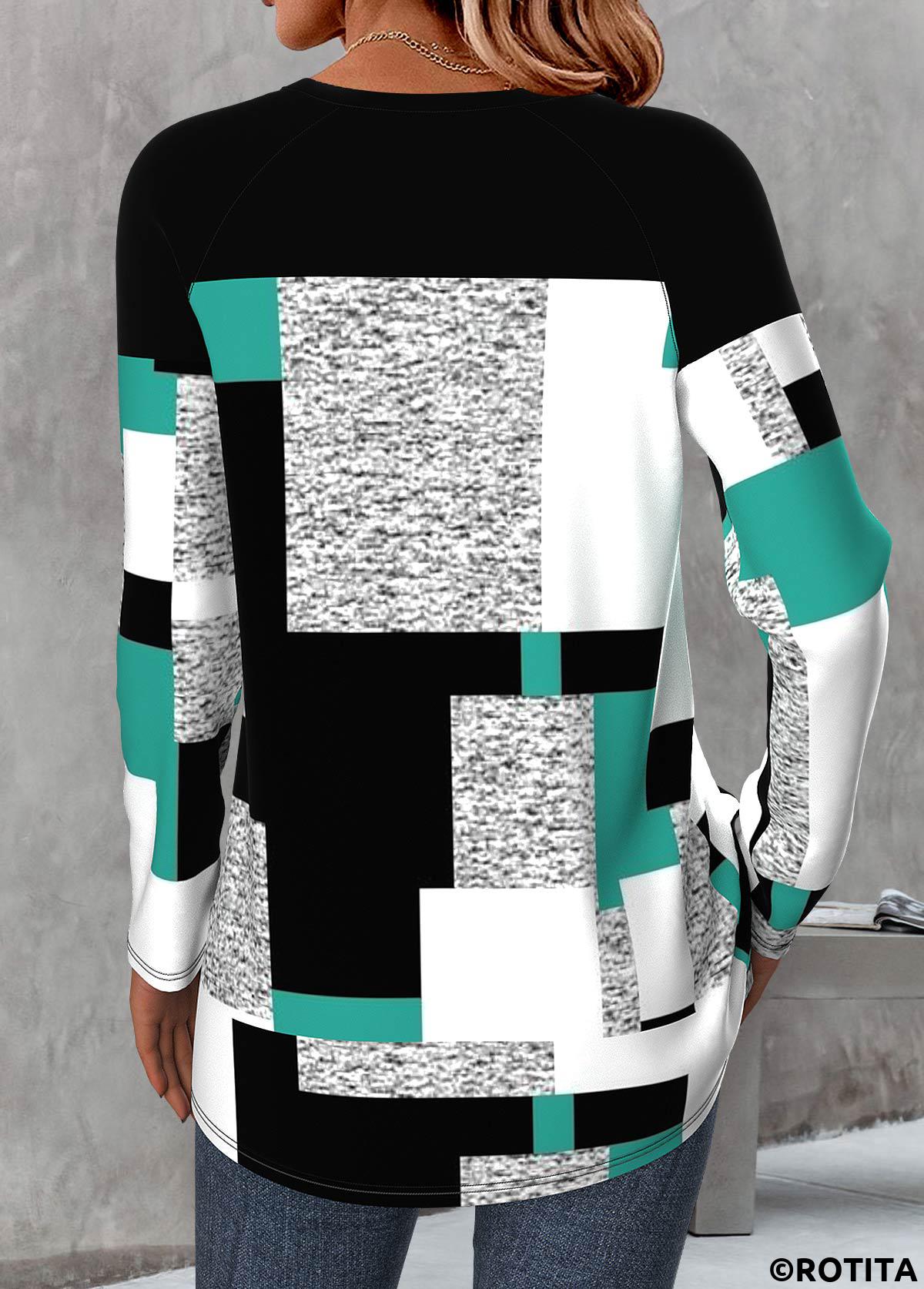 Multi Color tops,Geometric tops,ROTITA Patchwork Geometric Print Multi Color Round Neck T Shirt
