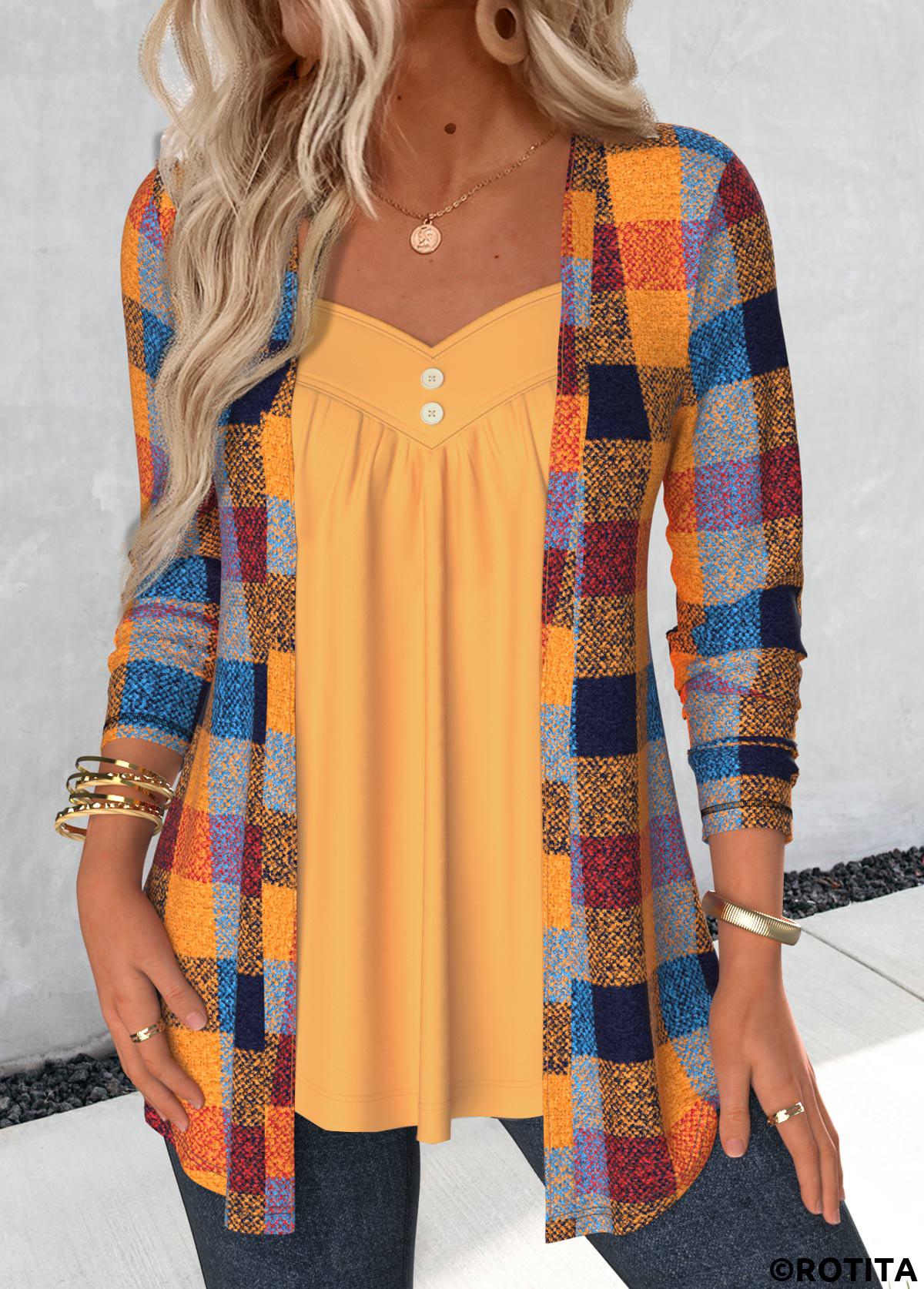 Ginger tops,Plaid tops,ROTITA Plaid Ginger Heart Collar Fake Two Piece Twinset