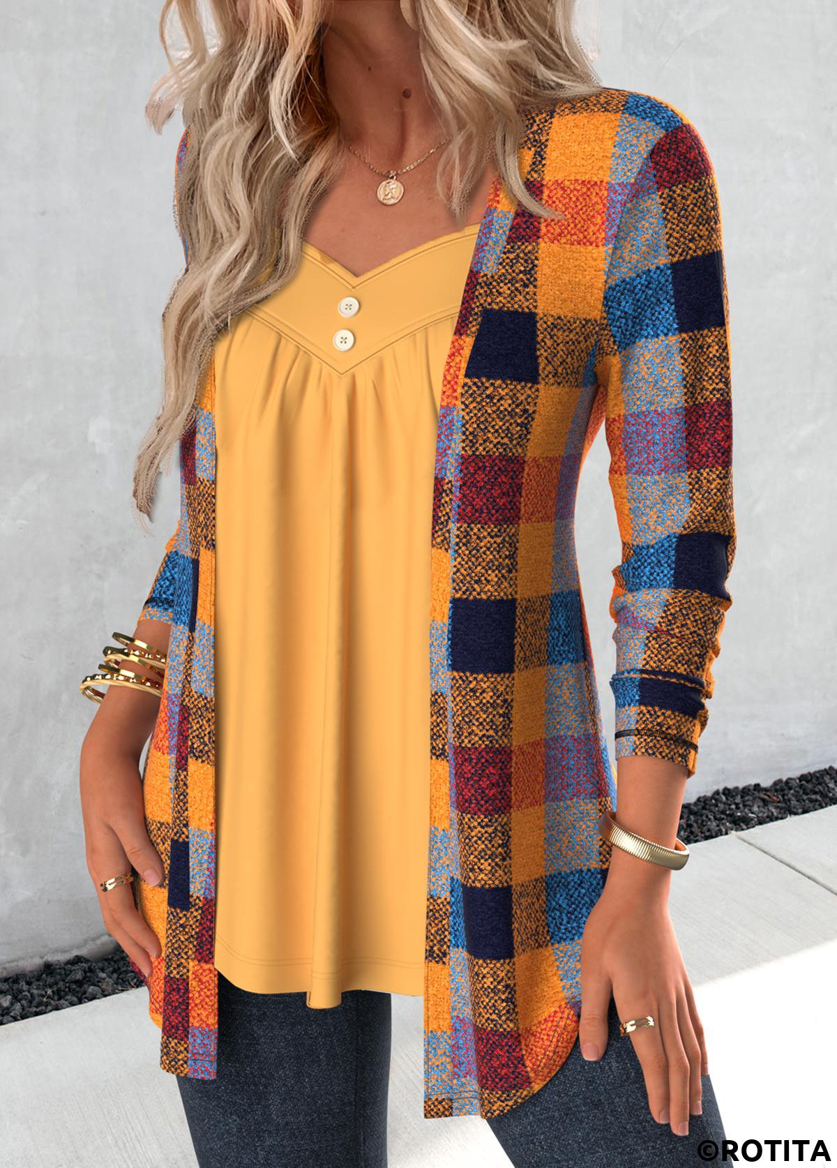 Ginger tops,Plaid tops,ROTITA Plaid Ginger Heart Collar Fake Two Piece Twinset