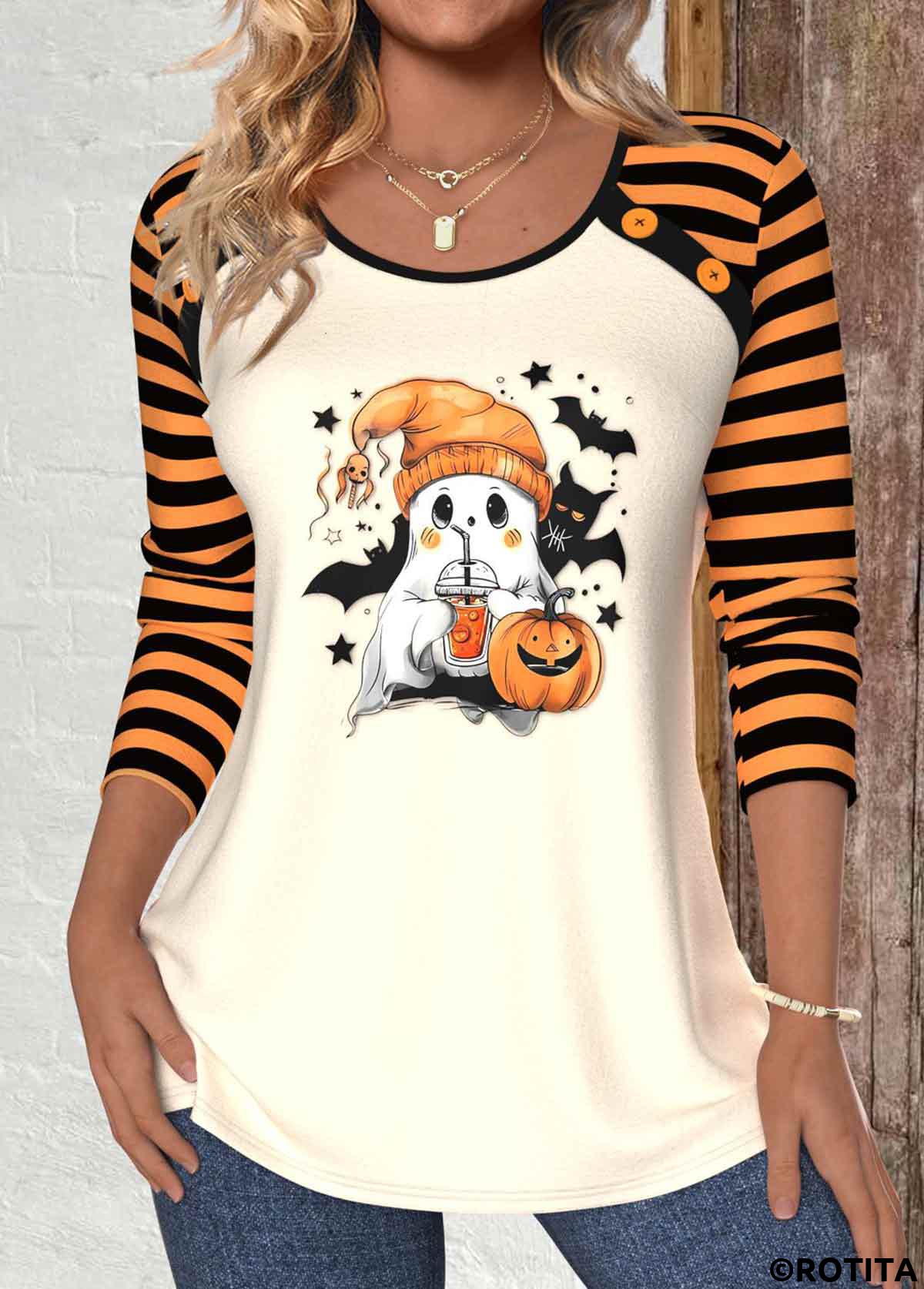 ROTITA Halloween Patchwork Orange Round Neck Long Sleeve T Shirt