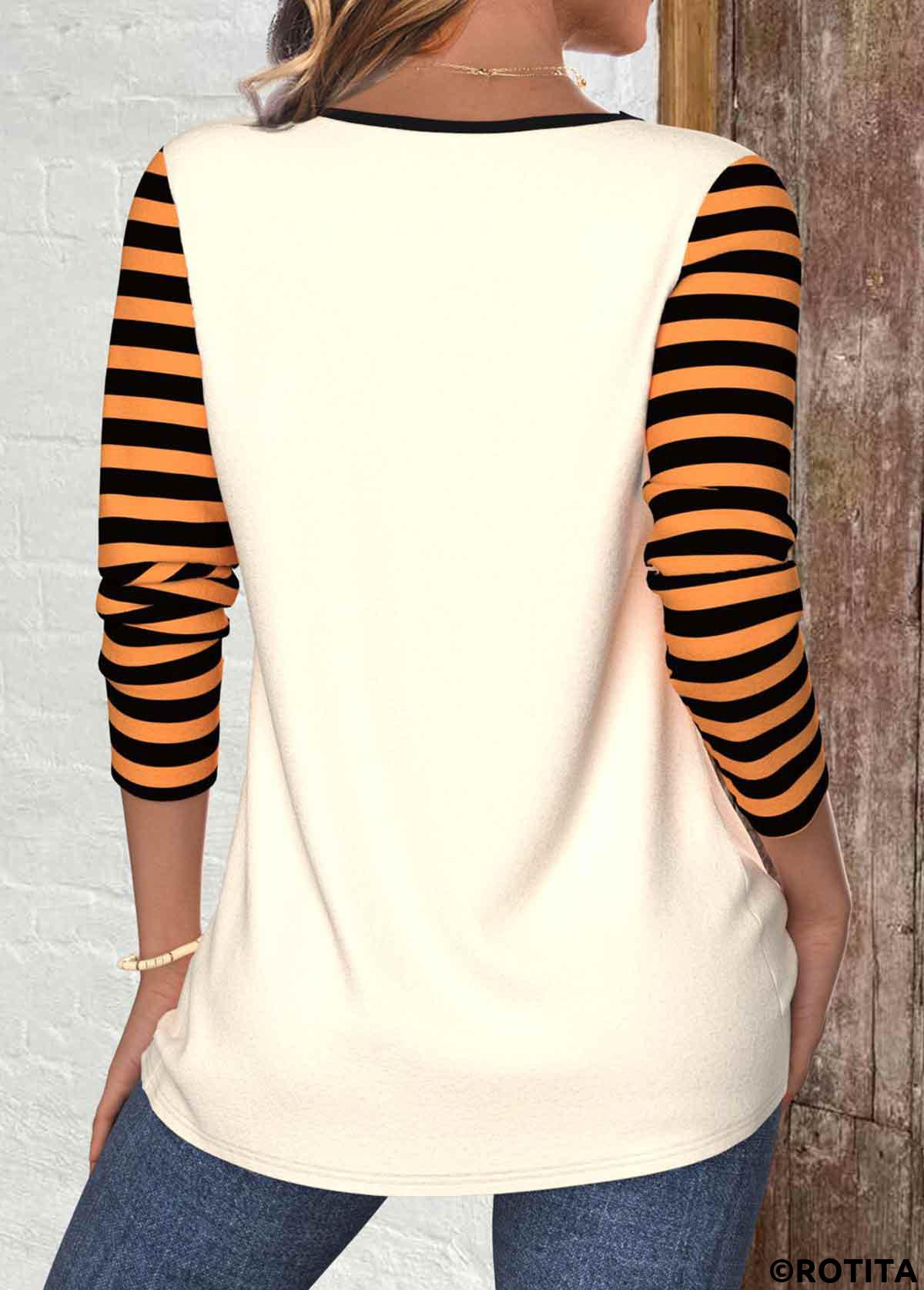 ROTITA Halloween Patchwork Orange Round Neck Long Sleeve T Shirt