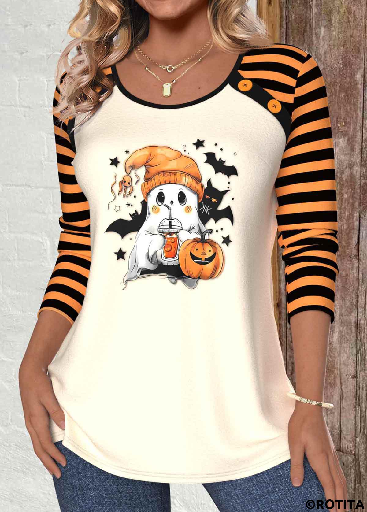 ROTITA Halloween Patchwork Orange Round Neck Long Sleeve T Shirt