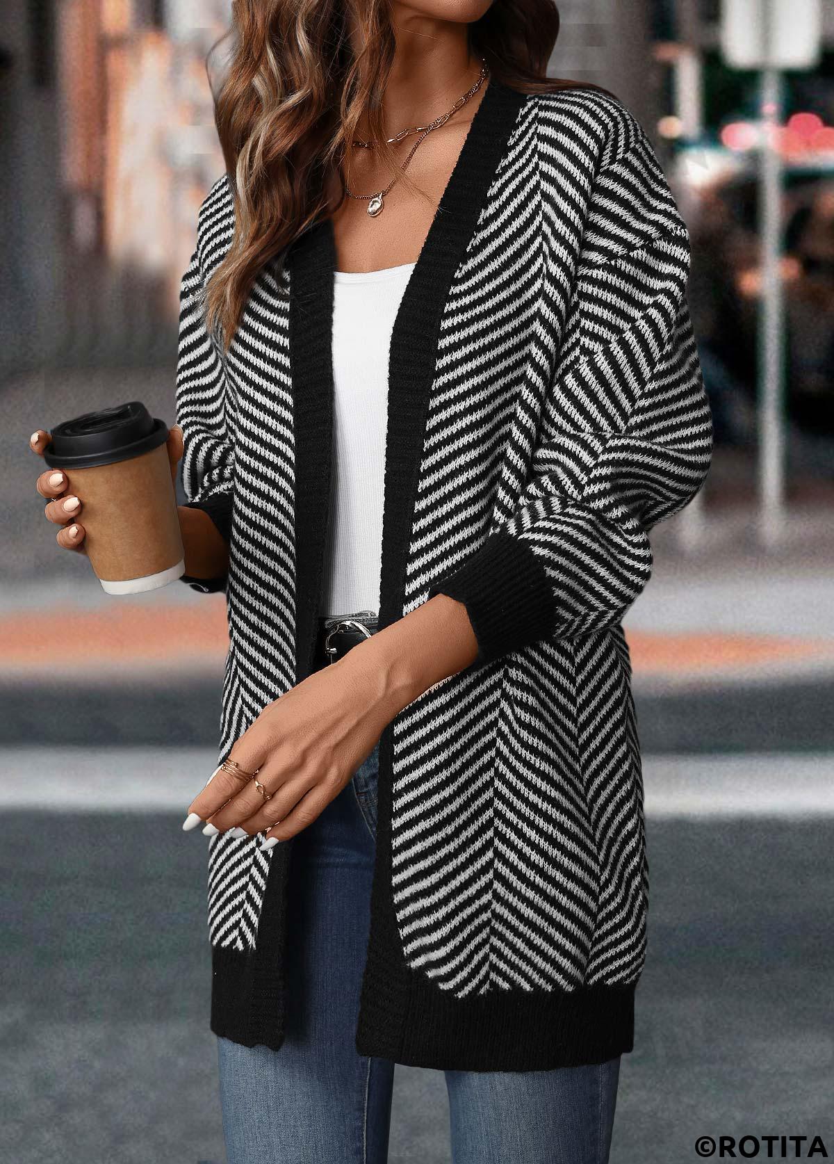 Black tops,Striped tops,Geometric tops,Patchwork Striped Black Long Sleeve Cardigan