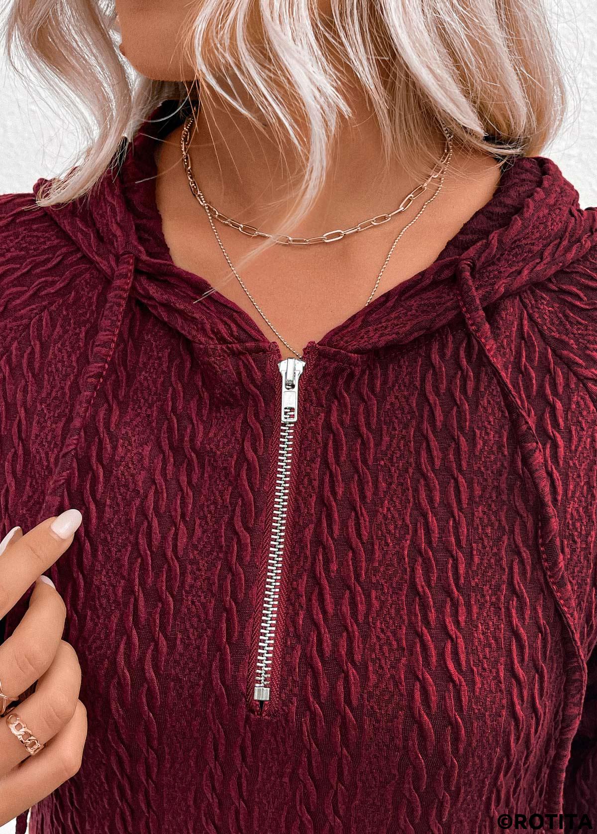 Sweat à capuche à manches longues en jacquard à cordon de serrage Rotita rouge vin