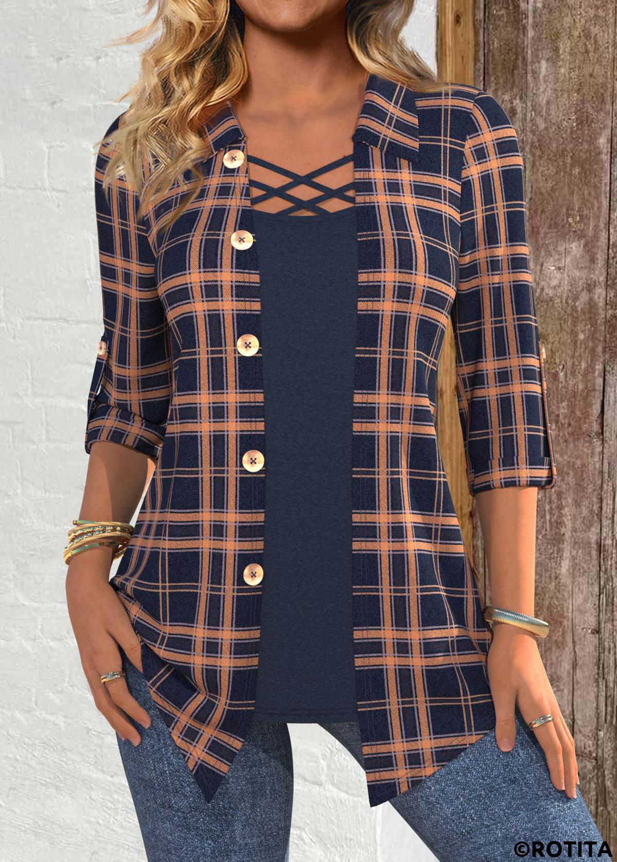 ROTITA Plaid Navy Shirt Collar Fake Two Piece Twinset