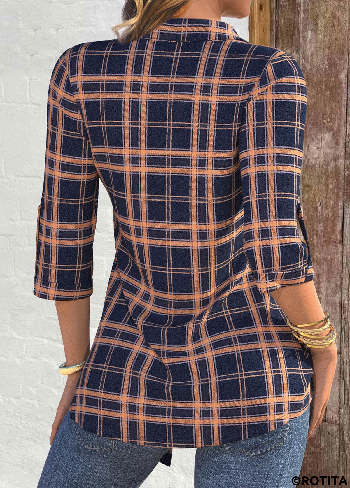 ROTITA Plaid Navy Shirt Collar Fake Two Piece Twinset