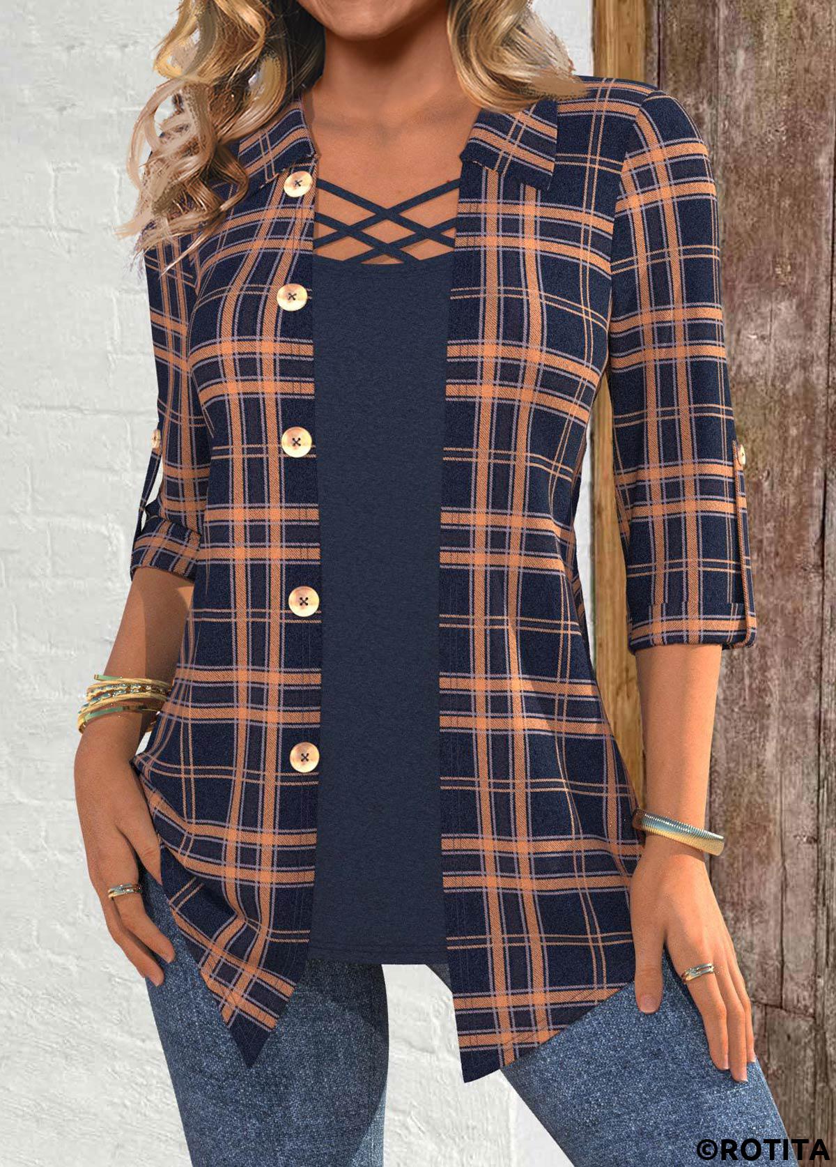 ROTITA Plaid Navy Shirt Collar Fake Two Piece Twinset