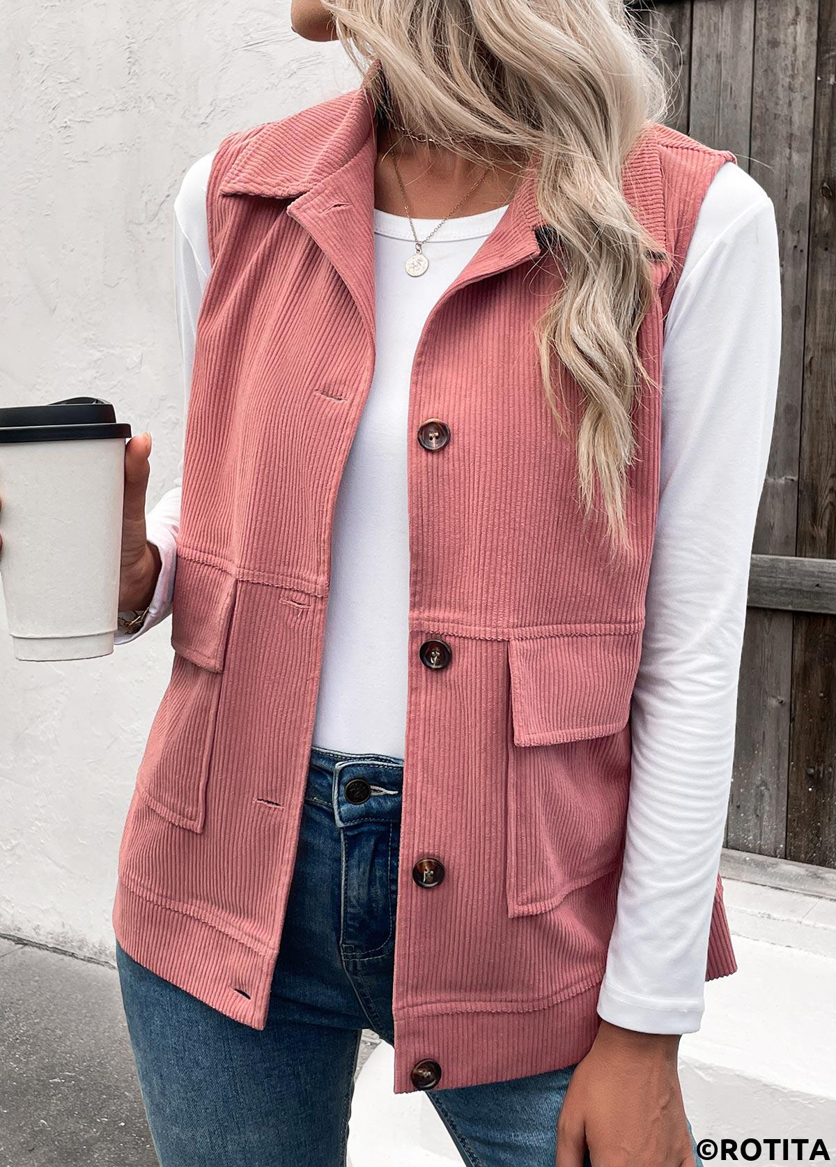 Dusty Pink tops,Plain Color tops,ROTITA Button Up Dusty Pink Turn Down Collar Corduroy Waistcoat