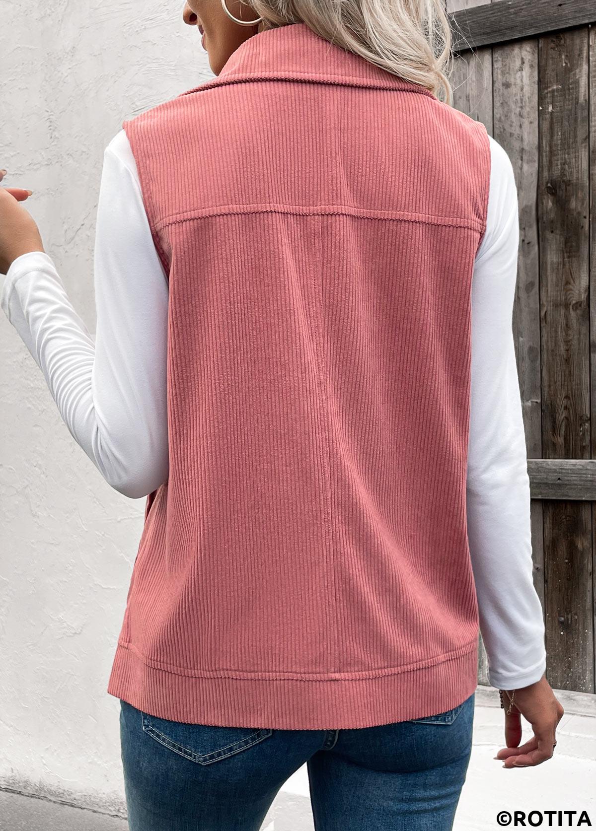 Dusty Pink tops,Plain Color tops,ROTITA Button Up Dusty Pink Turn Down Collar Corduroy Waistcoat