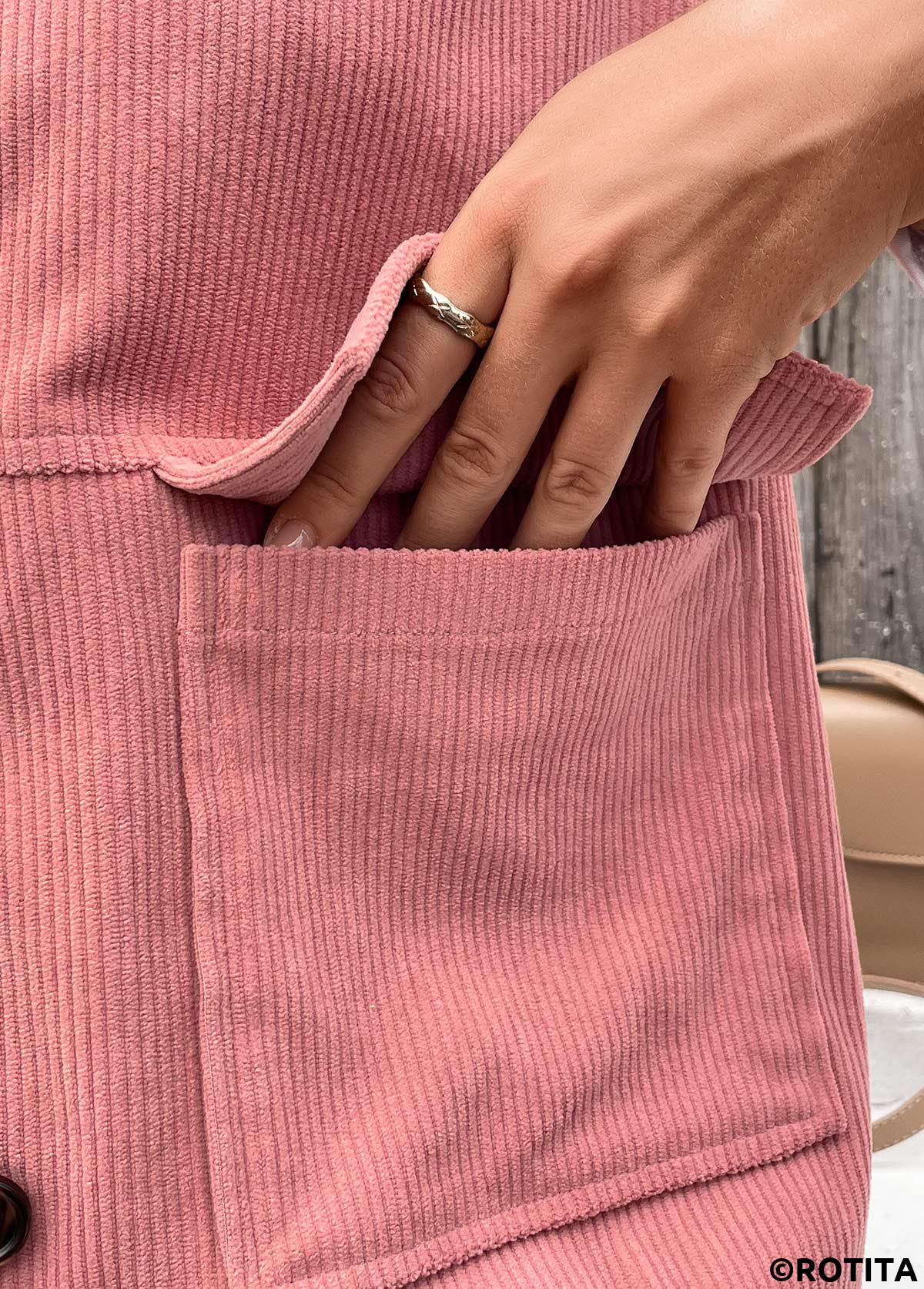 Dusty Pink tops,Plain Color tops,ROTITA Button Up Dusty Pink Turn Down Collar Corduroy Waistcoat