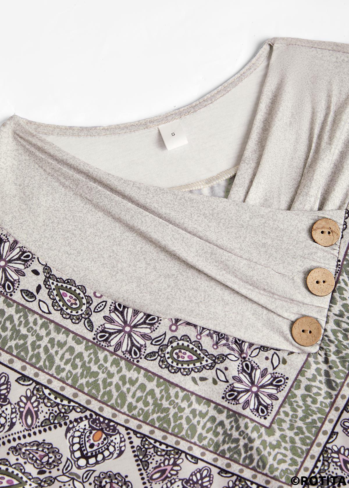 Light Camel tops,Leopard tops,Tribal tops,Paisley tops,ROTITA Button Leopard Light Camel Cowl Neck T Shirt