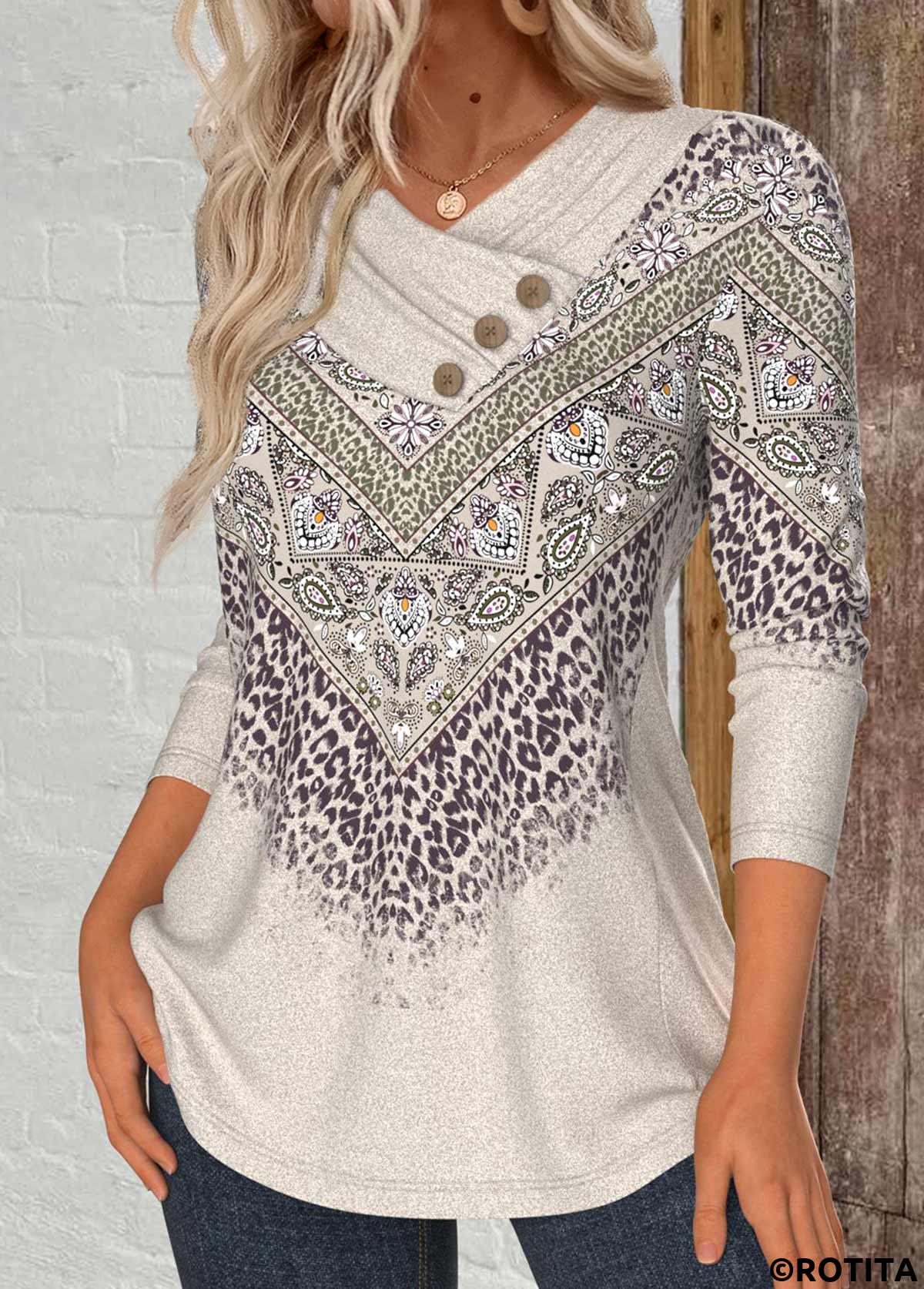 Light Camel tops,Leopard tops,Tribal tops,Paisley tops,ROTITA Button Leopard Light Camel Cowl Neck T Shirt