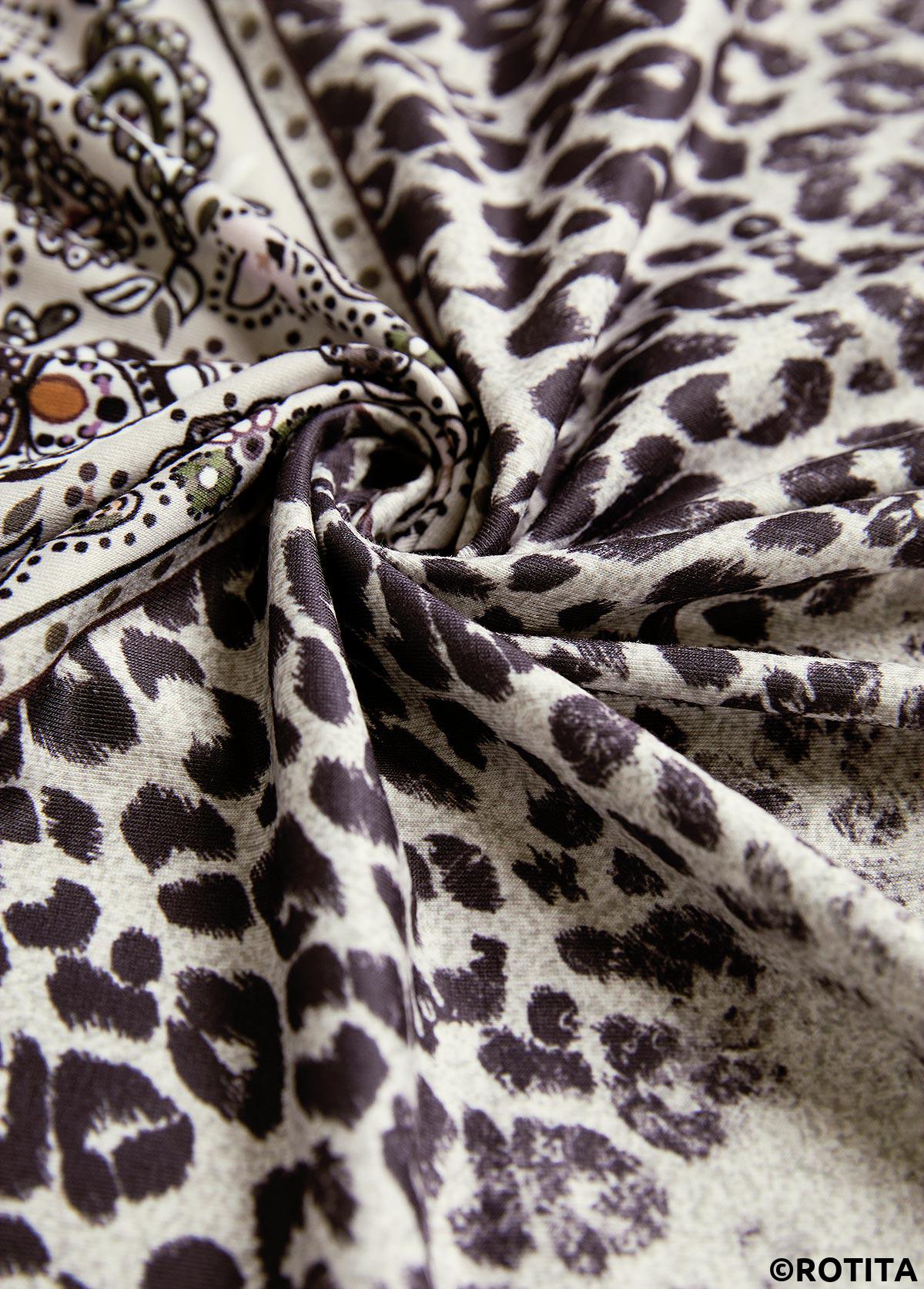 Light Camel tops,Leopard tops,Tribal tops,Paisley tops,ROTITA Button Leopard Light Camel Cowl Neck T Shirt