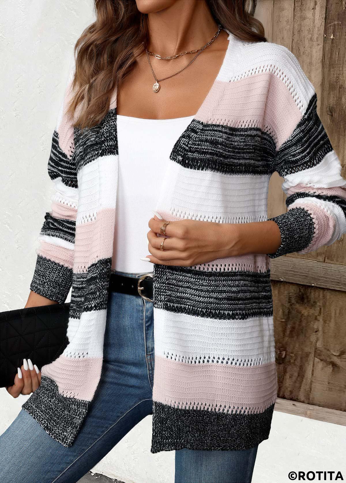 cardigan noir à manches longues à rayures patchwork