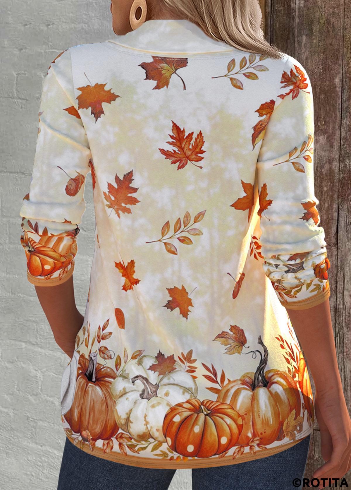 Light Yellow tops,Halloween tops,Plants tops,ROTITA Pumpkin Print Light Yellow V Neck T Shirt