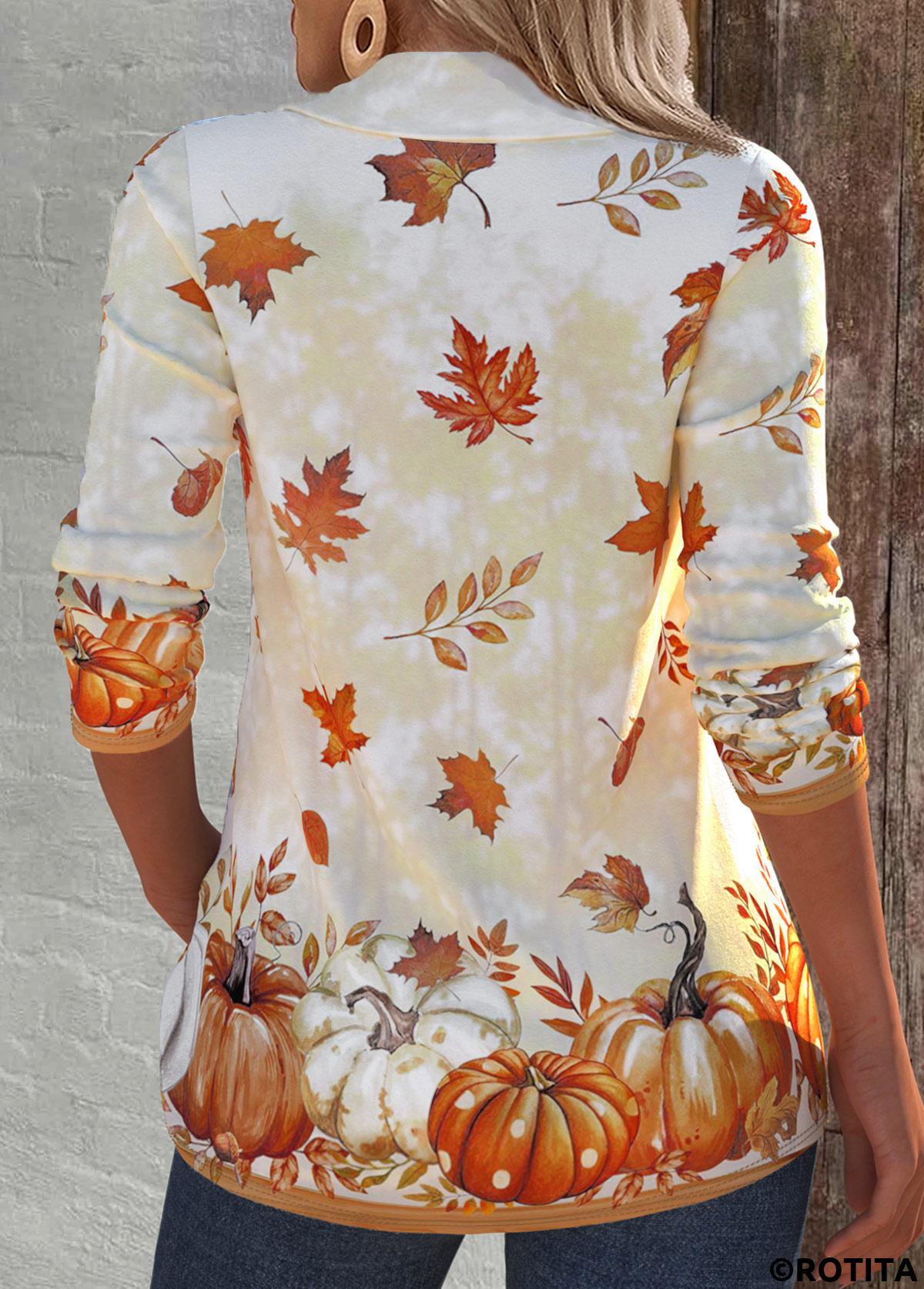 Light Yellow tops,Halloween tops,Plants tops,ROTITA Pumpkin Print Light Yellow V Neck T Shirt