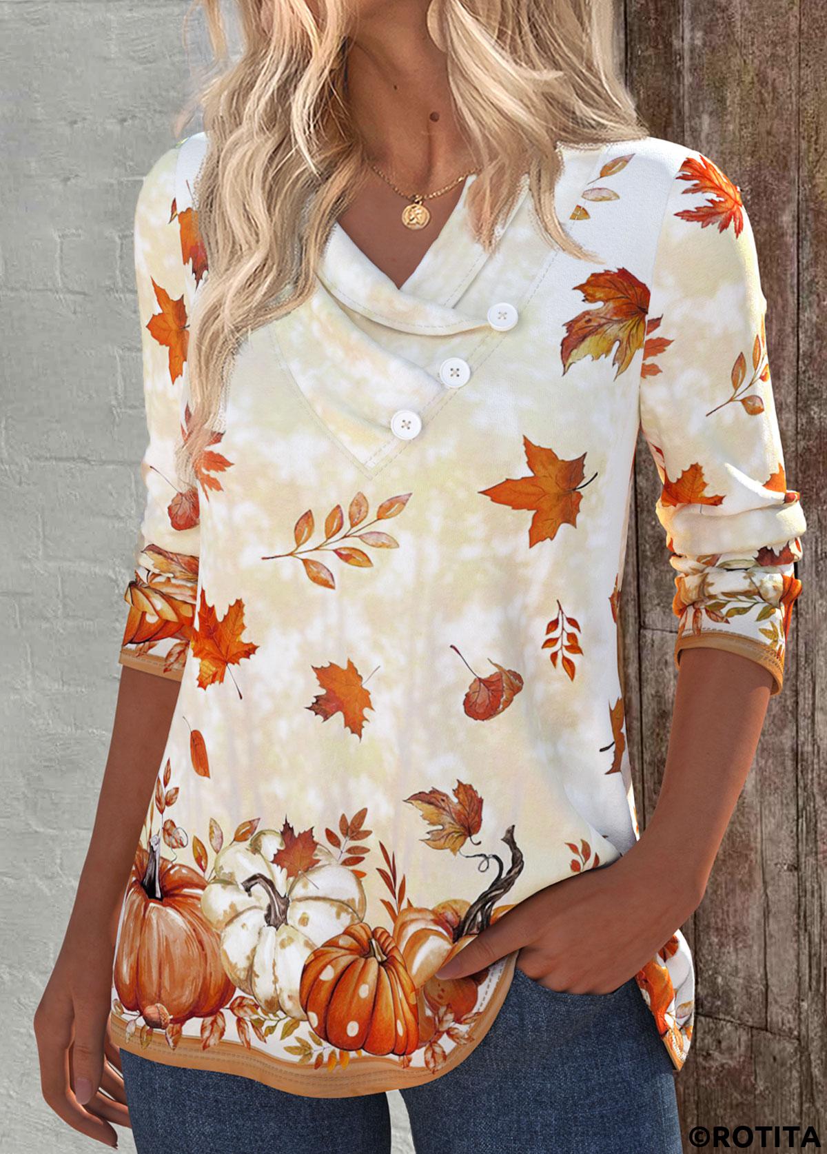 Light Yellow tops,Halloween tops,Plants tops,ROTITA Pumpkin Print Light Yellow V Neck T Shirt