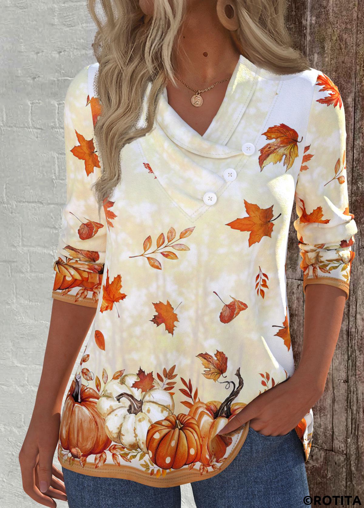 Light Yellow tops,Halloween tops,Plants tops,ROTITA Pumpkin Print Light Yellow V Neck T Shirt