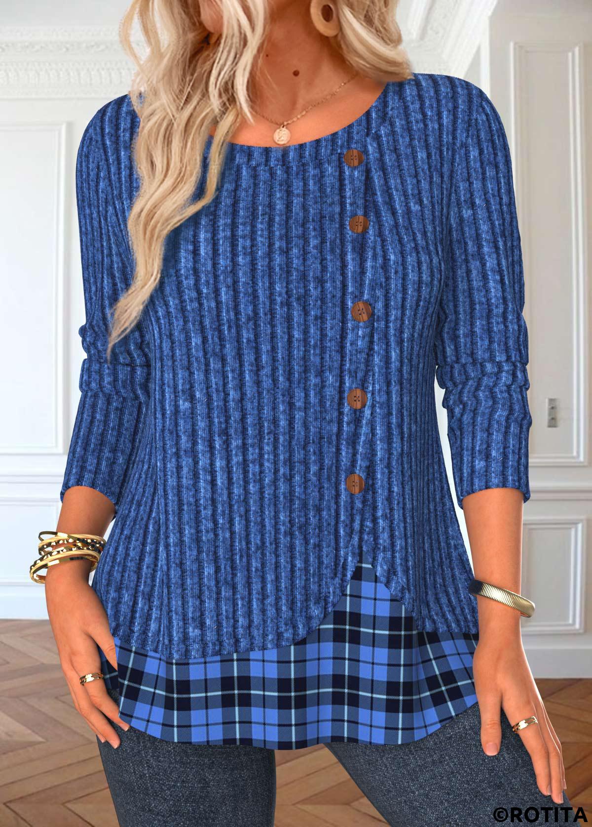 ROTITA Button Plaid Blue Round Neck Long Sleeve T Shirt