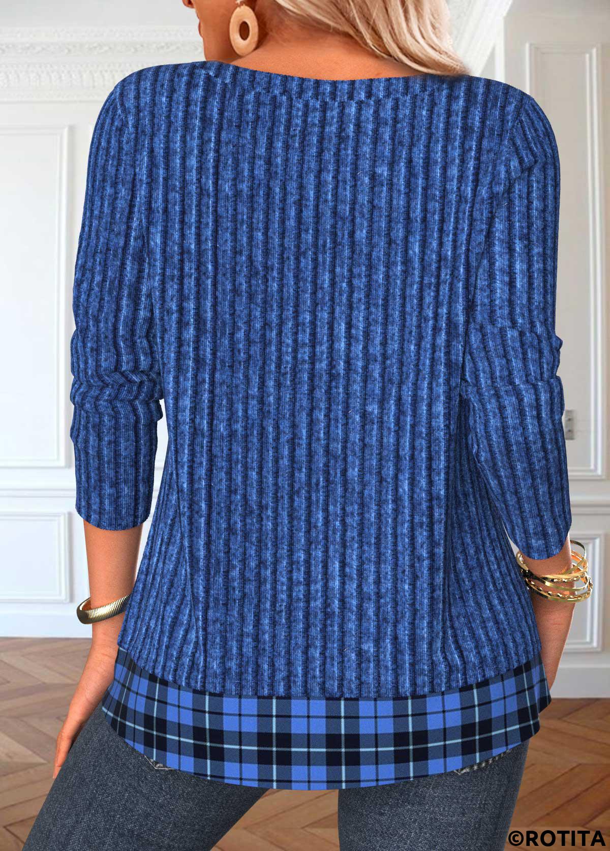 ROTITA Button Plaid Blue Round Neck Long Sleeve T Shirt