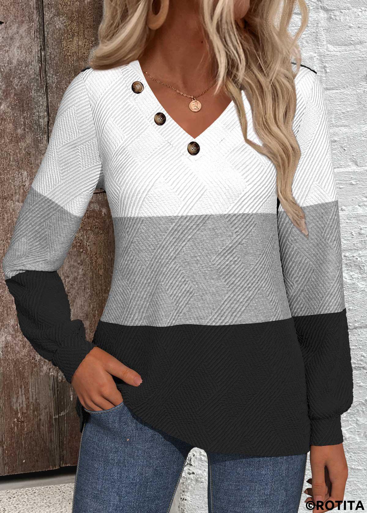 Black tops,Contrast Color tops,ROTITA Patchwork Black V Neck Long Sleeve Sweatshirt