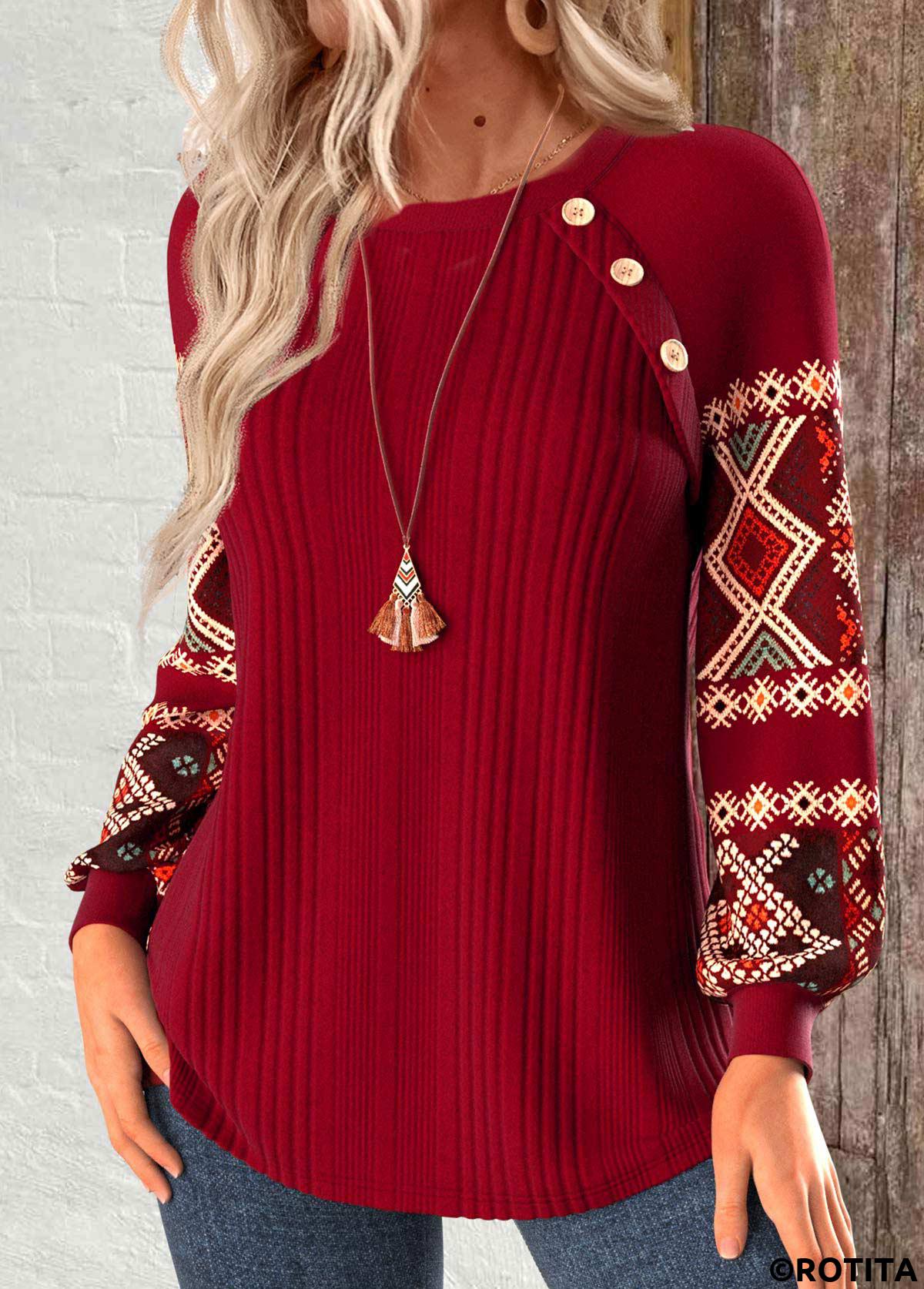 sweat-shirt col rond rouge vin à imprimé tribal patchwork rotita